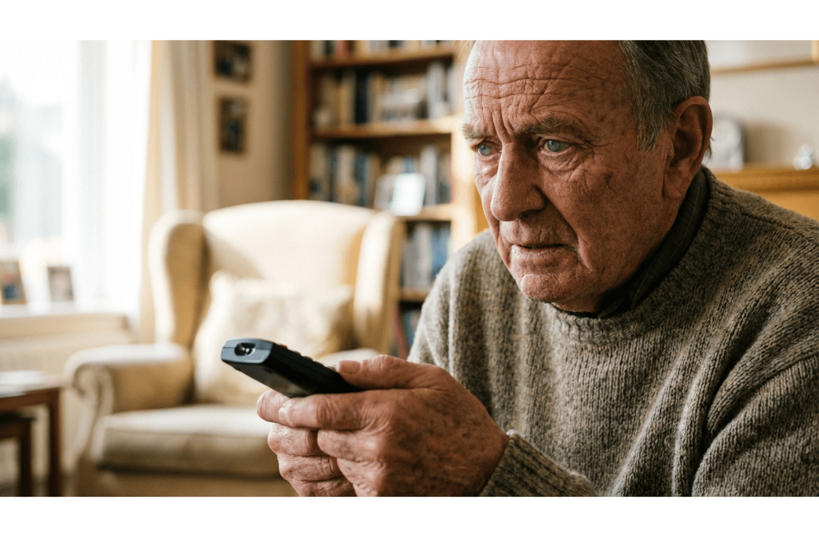 Older adult looking at an object in their hands with confusion, while standing in a comforting home environment.