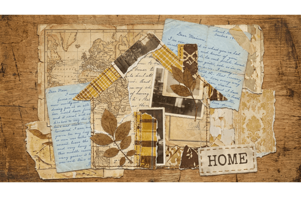 Artistic collage of torn maps, letters, and fabric textures forming an abstract, cozy home scene.