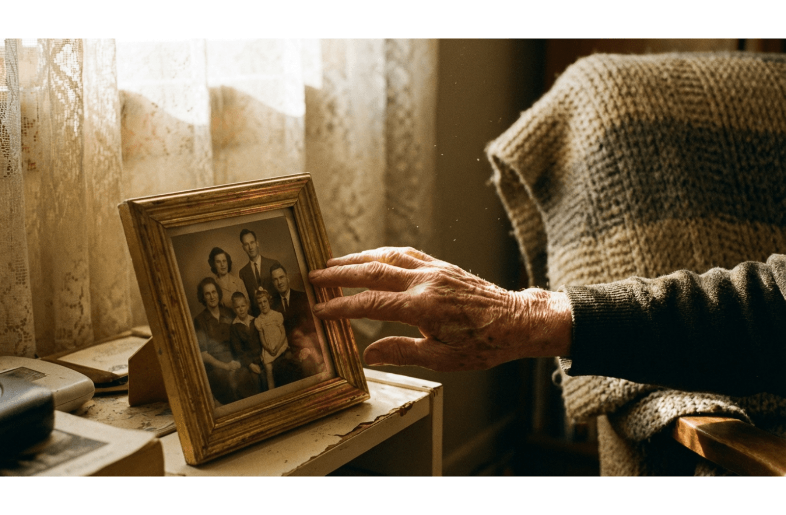 Elderly person's hand placing a framed family photo on a wooden table next to a knitted blanket in a sunlit room.