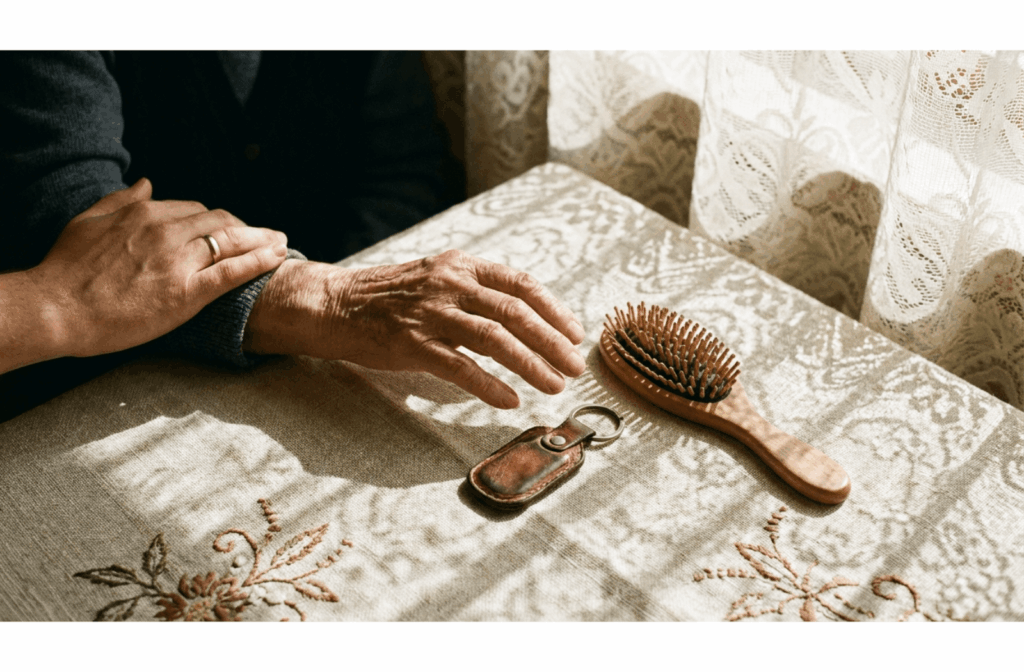 Close-up of an older person's hands hesitating over keys and a brush on a table, with a caregiver's hand offering gentle support.
