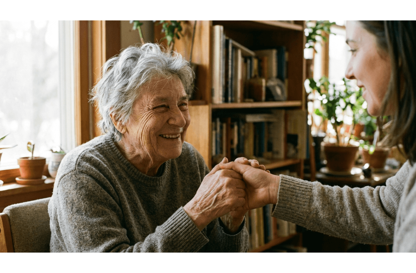 An older adult smiles warmly while holding hands with a caregiver in a sunlit room, depicting genuine emotional connection.