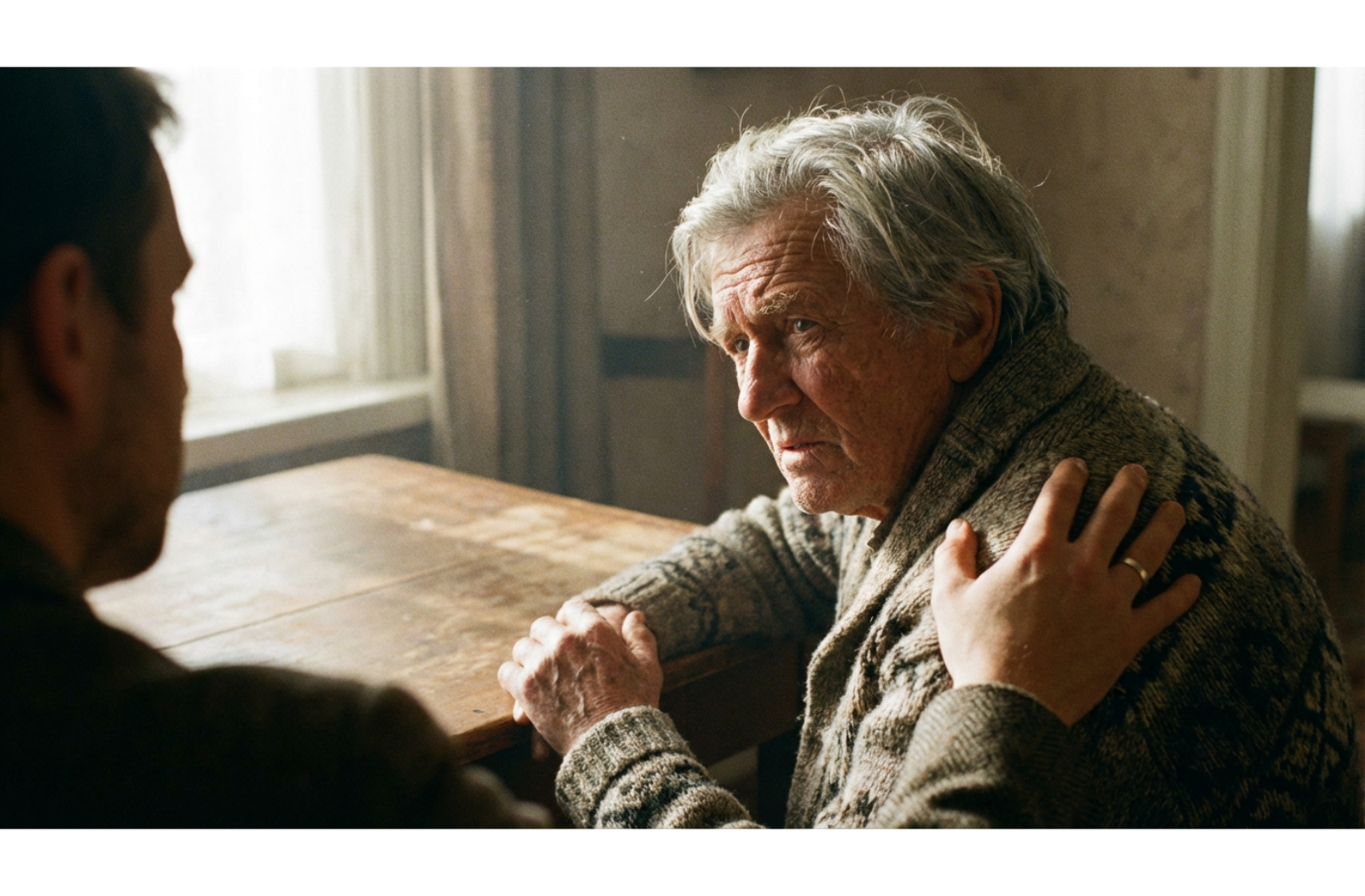 Close-up of a caregiver gently resting a hand on the shoulder of an older adult who looks confused and is grasping a table edge.