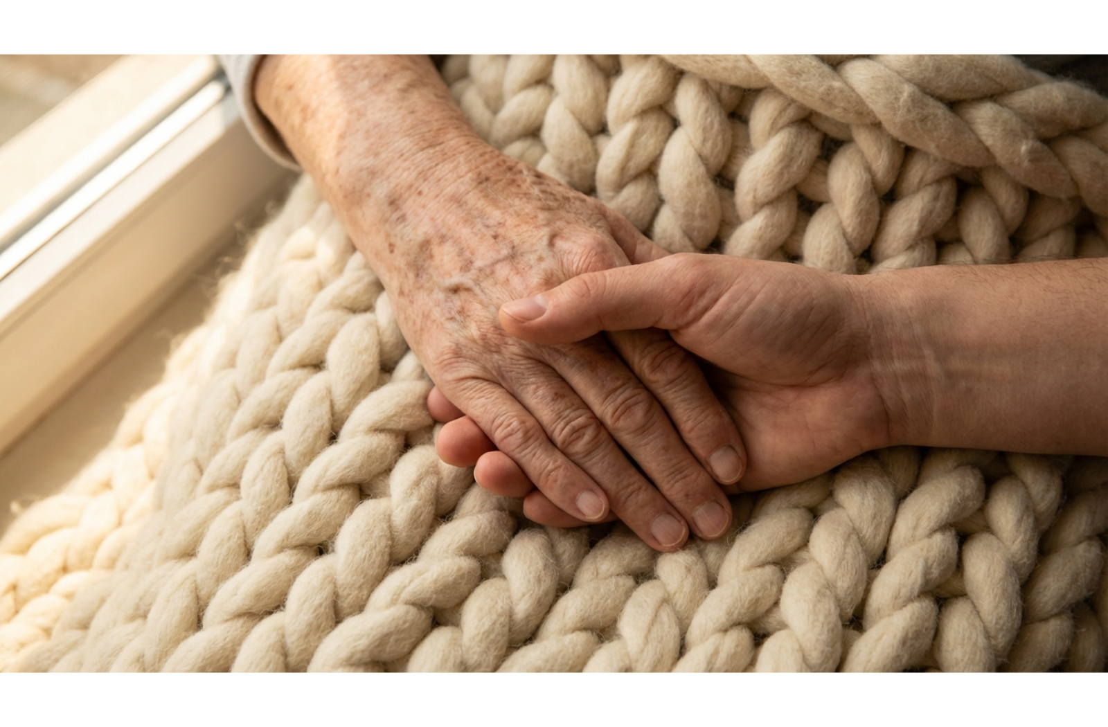 Close-up of a younger person's hand gently holding an older person's hand on a knit blanket.