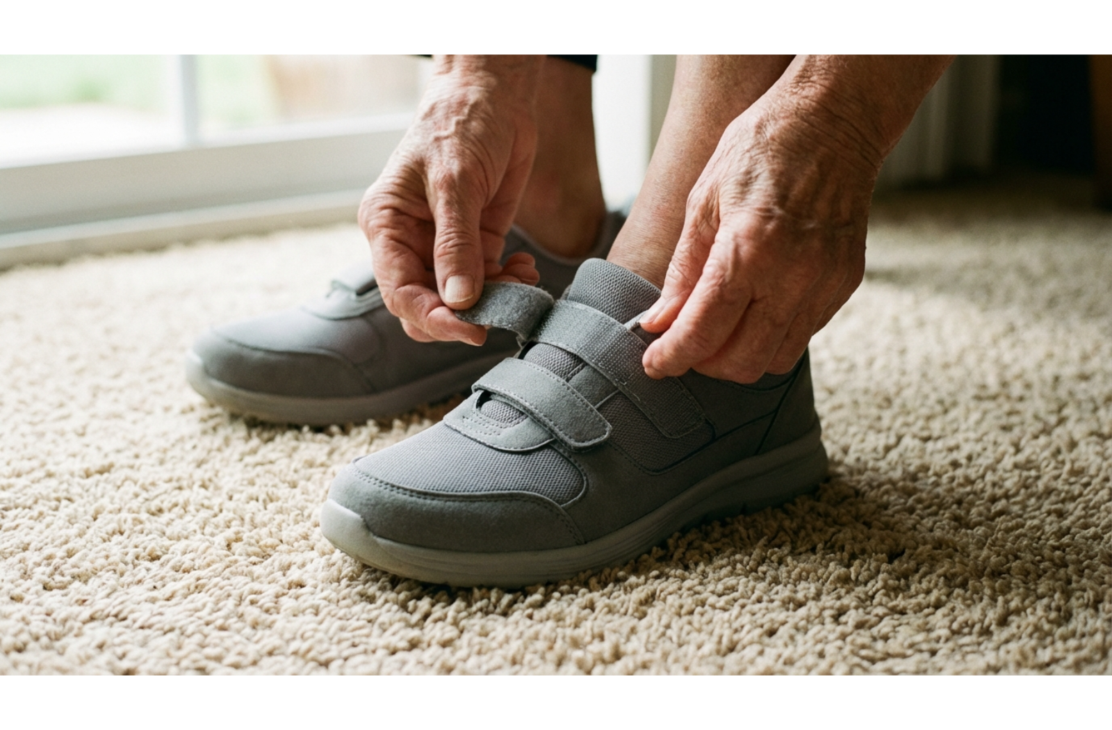 senior puts on velcro shoes