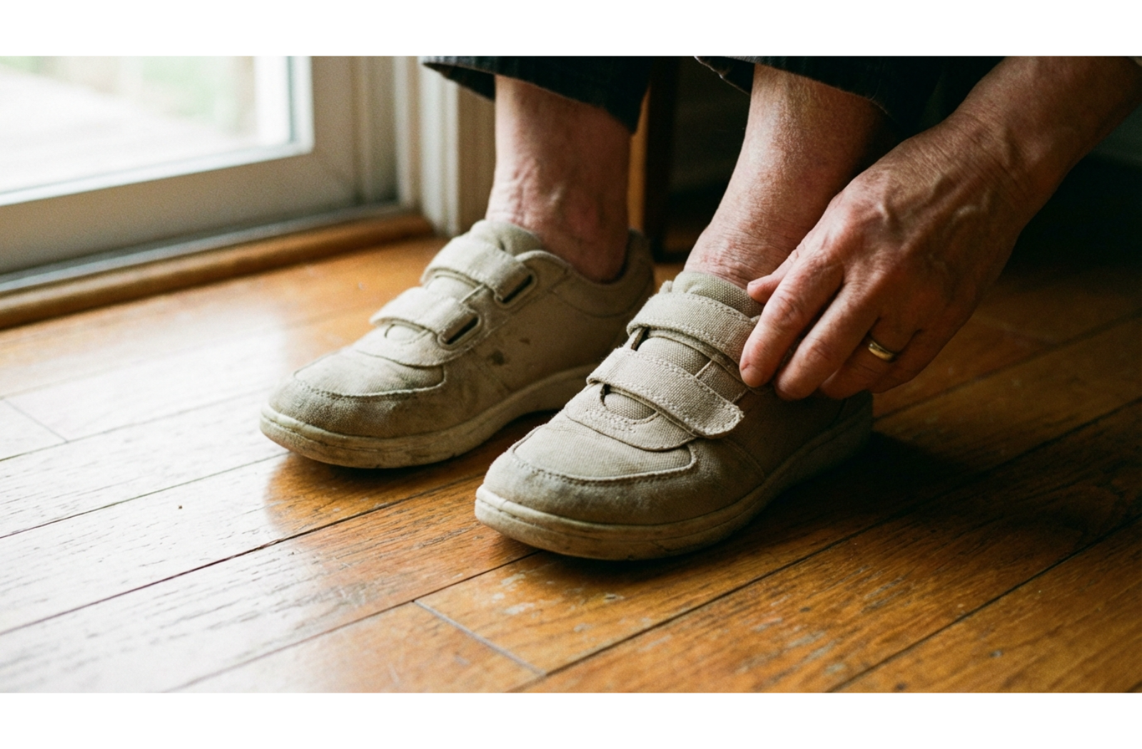 senior puts on velcro shoes